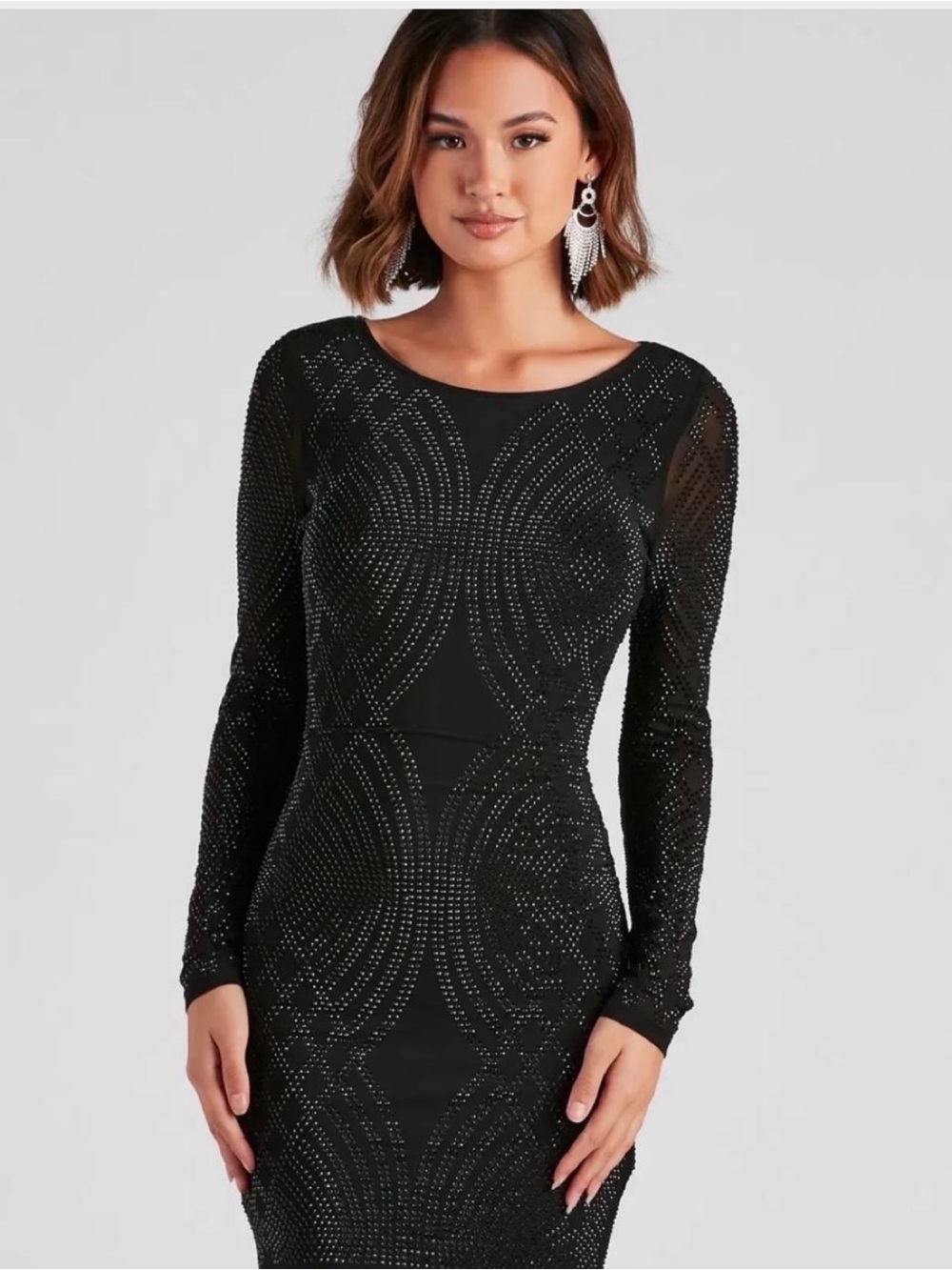 Windsor Black Long-Sleeve Beaded Bodycon Dress